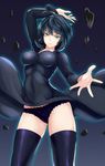  black_hair covered_navel dress dress_lift fubuki_(one-punch_man) glowing green_eyes highres impossible_clothes impossible_dress jirusu looking_at_viewer one-punch_man panties rock short_hair solo thighhighs underwear 