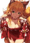  ahoge animal_ears bad_id bad_pixiv_id bare_shoulders bell blonde_hair blush breasts cleavage fox_ears fox_tail green_eyes highres hoshii_miki idolmaster idolmaster_(classic) idolmaster_million_live! japanese_clothes jingle_bell kimono long_hair looking_at_viewer medium_breasts multiple_tails narumi_arata paw_pose short_kimono simple_background smile solo tail white_background 