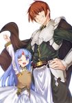  1girl ;d arm_up armor blue_eyes blue_hair brown_eyes brown_hair cape child elf father_and_daughter gauntlets grin highres ibuki_notsu long_hair long_sleeves one_eye_closed open_mouth pointy_ears rance rance_(series) reset_kalar shirt skirt smile very_long_hair vest wide_sleeves 