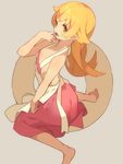  barefoot beige_background blonde_hair breasts cleavage doughnut dress fang food from_side hajime_(hajime-ill-1st) hand_to_own_mouth highres long_hair monogatari_(series) oshino_shinobu pointy_ears simple_background sitting small_breasts solo wariza yellow_eyes 