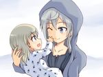  :d ;) aurora_e_juutilainen blonde_hair blue_eyes eila_ilmatar_juutilainen hand_on_another's_cheek hand_on_another's_face hood hooded_jacket isosceles_triangle_(xyzxyzxyz) jacket multiple_girls one_eye_closed open_mouth pajamas purple_eyes siblings silver_hair sisters smile strike_witches tonttu world_witches_series younger 