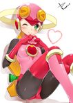  ;) android blonde_hair blush bodysuit breasts closed_mouth dated gloves green_eyes heart heart_hands helmet knees_up leotard light_smile long_hair looking_at_viewer low-tied_long_hair one_eye_closed pink_bodysuit pink_leotard rockman rockman_exe roll_exe shadow signature simple_background sitting skin_tight small_breasts smile solo thighhighs turtleneck very_long_hair white_background yappen 