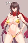  1girl :d beige_background bikini black_hair blush breasts cleavage eyebrows_visible_through_hair groin hair_between_eyes hand_on_hip highres kurochijo long_hair looking_at_viewer navel open_mouth original purple_eyes scarf shuugetsu_karasu simple_background smile solo swimsuit very_long_hair yellow_bikini 