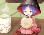  :d ^_^ baozi bean_paste blush bowl bowl_hat closed_eyes commentary cup eating food food_on_face hat highres japanese_clothes kimono komiru long_sleeves minigirl onsen_symbol open_mouth purple_hair short_hair sitting smile solo sukuna_shinmyoumaru touhou wide_sleeves yunomi 