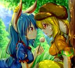  absurdres animal_ears blonde_hair blue_hair bunny_ears crop_top dango dappled_sunlight day dior-zi ear_clip eye_contact floppy_ears food grass hat head_to_head highres long_hair looking_at_another low-tied_long_hair multiple_girls orange_shirt outdoors red_eyes ringo_(touhou) seiran_(touhou) shirt sitting skewer sky smile sunlight tears touhou tree under_tree wagashi 