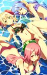  2girls ass bandeau barefoot bikini blonde_hair blue_hair blush bracelet breasts butt_crack chin_rest cleavage crossdressing frilled_bikini frills front-tie_top green_bikini green_eyes grin hacka_doll hacka_doll_1 hacka_doll_2 hacka_doll_3 hair_ornament highres jewelry kinta_(distortion) leg_up long_hair long_legs looking_at_viewer low_twintails lying medium_breasts multiple_girls navel on_back on_side on_stomach one_eye_closed outdoors partially_submerged pink_hair plaid plaid_bikini purple_bikini purple_eyes red_bikini red_eyes short_twintails side-tie_bikini small_breasts smile soles swimsuit twintails water wet 