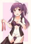  :d absurdres ahoge black_skirt black_vest blush border bow bow_bra bow_panties bra breasts brown_eyes cleavage collarbone collared_shirt hagikaze_(kantai_collection) highres holding kantai_collection kapatarou lingerie long_hair looking_at_viewer medium_breasts one_side_up open_mouth panties pleated_skirt purple_background purple_bra purple_hair purple_panties red_ribbon ribbon shirt short_sleeves simple_background skirt skirt_pull smile solo unbuttoned underwear undressing vest white_shirt yellow_border 