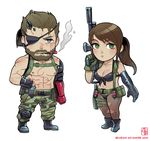  1girl abs alejandro_tio assault_rifle asymmetrical_clothes beard black_footwear black_gloves blue_eyes boots breasts brown_hair camouflage camouflage_pants cigar cleavage eyepatch facial_hair fingerless_gloves front-tie_bikini front-tie_top gloves green_eyes green_gloves gun large_breasts mechanical_arm metal_gear_(series) metal_gear_solid_v muscle pants pantyhose ponytail pouch quiet_(metal_gear) rifle scar scar_across_eye shirtless smoke torn_clothes torn_legwear venom_snake weapon 