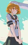  bandaid bandaid_on_face blush breasts cloud dated hand_on_another's_head kantai_collection light_brown_eyes light_brown_hair oboro_(kantai_collection) out_of_frame pleated_skirt school_uniform serafuku short_hair skirt sky small_breasts solo_focus torminal twitter_username v_arms 