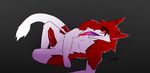  anthro black_sclera diegojhol erection fur glowing glowing_eyes invalid_tag knot looking_at_viewer lying muscular penis red_eyes red_fur sergal smile teeth tongue tongue_out white_fur 