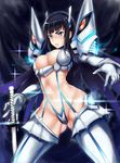  ass_visible_through_thighs black_hair blue_eyes breasts cleavage gloves jirusu junketsu katana kill_la_kill kiryuuin_satsuki large_breasts long_hair parted_lips revealing_clothes solo sparkle suspenders sword thighhighs very_long_hair weapon white_gloves 