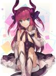  asymmetrical_horns bad_id bad_pixiv_id blue_eyes boots chocoan claws demon_horns demon_tail detached_sleeves dress elizabeth_bathory_(fate) elizabeth_bathory_(fate)_(all) fate/extra fate/extra_ccc fate_(series) frilled_skirt frills hair_ribbon horns long_hair looking_at_viewer pink_hair ribbon sitting skirt smile solo tail two_side_up 