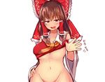  blush bottomless bow breasts brown_eyes brown_hair commentary_request cookie_(touhou) curvy hair_bow hair_ribbon hair_tubes hakurei_reimu highres kanna_(cookie) large_breasts long_hair looking_at_viewer naughty_face navel nnns no_panties ribbon simple_background solo tongue tongue_out touhou white_background 
