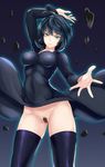  black_hair black_legwear covered_navel dress dress_lift fubuki_(one-punch_man) glowing green_eyes highres impossible_clothes impossible_dress jirusu looking_at_viewer no_panties one-punch_man pubic_hair pussy rock short_hair solo thighhighs 