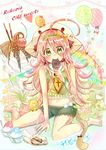  absurdres ahoge blush bow candy cat_tail flower food green_eyes hat highres long_hair looking_at_viewer midriff navel original pink_hair sakura_oriko sitting solo tail 