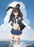  animal_ears black_hair bunny_ears cloud cosplay day elbow_gloves gloves kantai_collection long_hair neptune_(series) ocean red_eyes shimakaze_(kantai_collection) shimakaze_(kantai_collection)_(cosplay) skirt sky solo source_request striped striped_legwear thighhighs uni_(choujigen_game_neptune) waves 
