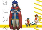  2010 2boys :d animal_ears bandana blue_eyes blue_legwear boots cape cat_ears cat_tail copyright_name cover cover_page elbow_gloves fingerless_gloves fire_emblem fire_emblem:_akatsuki_no_megami fire_emblem:_souen_no_kiseki gloves green_eyes ike leg_up mist_(fire_emblem) multiple_boys open_mouth pants pleated_skirt pom_pom_(clothes) ranulf roller_skates serious shoes shorts skates skirt smile suzuki_furansowa sword tail v v_over_eye weapon white_gloves yellow_legwear 