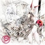  album_cover bare_shoulders bodysuit cover covered_navel detached_sleeves gloves horns impossible_clothes long_hair looking_at_viewer navel orb original red_eyes rib:y(uhki) smile solo white_hair 