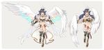  &gt;_&lt; angel_wings armor bikini_armor black_hair boots breasts cape cleavage closed_eyes covering covering_breasts feathers gauntlets hair_ornament highres knee_boots large_breasts long_hair navel nipples open_mouth original purple_eyes see-through showgirl_skirt solo tiara torn_clothes twintails wings yajiro_masaru 