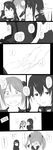  absurdres bangs blush chair comic commentary_request covering_face female_admiral_(kantai_collection) greyscale hair_bobbles hair_ornament hand_on_another's_face hand_on_headphones highres kantai_collection leaning_forward long_hair monochrome multiple_girls niwatazumi partially_translated pen playing_with_another's_hair sazanami_(kantai_collection) school_uniform serafuku sitting smile surprised tatebayashi_sakurako translation_request twintails uniform wide-eyed yuri 