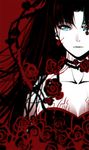  :| bare_shoulders black_dress black_hair blue_eyes breasts choker cleavage closed_mouth collarbone dress expressionless fate/stay_night fate_(series) flower looking_at_viewer medium_breasts red_background red_flower red_rose rose simple_background solo strapless strapless_dress toosaka_rin upper_body yaoshi_jun 