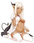  47agdragon babydoll bangs blush bow bow_panties breasts dark_skin demon_girl demon_tail demon_wings full_body hand_on_own_chest highres horns jpeg_artifacts large_breasts looking_at_viewer navel no_bra no_shoes original panties pointy_ears purple_eyes revision simple_background sitting solo string_panties tail thighhighs underboob underwear wariza white_background white_hair white_legwear white_panties wings wrist_cuffs 