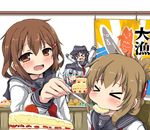  &gt;_&lt; akatsuki_(kantai_collection) anchor_symbol blue_eyes blush blush_stickers brown_eyes brown_hair cake closed_eyes commentary_request eating fang feeding folded_ponytail food hibiki_(kantai_collection) ikazuchi_(kantai_collection) inazuma_(kantai_collection) kantai_collection long_hair looking_at_viewer multiple_girls neckerchief open_mouth oshiruko_(uminekotei) outstretched_arms purple_hair red_neckwear school_uniform serafuku silver_hair sparkle spoon tairyou-bata 