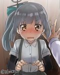  1girl admiral_(kantai_collection) against_wall arm_warmers blush grey_hair hair_ornament hair_ribbon hand_on_wall hetero kantai_collection kasumi_(kantai_collection) long_hair looking_at_viewer open_mouth out_of_frame ponytail pov pov_hands ribbon school_uniform side_ponytail solo_focus suspenders sweat tokumaro twitter_username wall_slam yellow_eyes 
