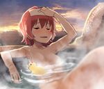 arm_up armpits bath bathing blush breasts closed_eyes convenient_censoring hand_on_own_head kantai_collection kinu_(kantai_collection) medium_breasts nude onsen open_mouth red_hair ripples rubber_duck short_hair solo steam steam_censor tokumaro towel towel_on_head twilight twitter_username water 