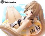  ahoge bare_shoulders breasts character_name cloud innertube kantai_collection light_brown_hair long_hair looking_at_viewer looking_back lying medium_breasts murasame_(kantai_collection) on_back open_mouth red_eyes reflection smile solo swimsuit tokumaro twintails twitter_username very_long_hair water 