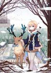  blonde_hair blue_eyes diten male_focus original sheath sheathed snow snowflakes solo sword weapon 