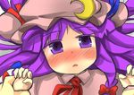  blush bow crescent crescent_hair_ornament gaoo_(frpjx283) hair_bow hair_ornament hat long_hair lying mob_cap open_mouth patchouli_knowledge purple_eyes purple_hair solo touhou 