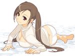  ass bangs barefoot breasts brown_eyes brown_hair cleavage full_body highres ino kousaka_rino large_breasts long_hair long_sleeves lying meme_attire no_pants open-chest_sweater otome_function panties parted_bangs ribbed_sweater sleeves_past_wrists smile solo sweater twintails underwear white_panties 