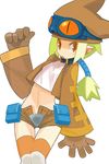  :p brown_gloves brown_shorts cowboy_shot disgaea gloves goggles goggles_on_head green_hair hat jacket long_hair midriff navel orange_eyes pointy_ears ponytail shirt shorts slit_pupils solo striped striped_legwear thief_(disgaea) thighhighs tongue tongue_out white_background white_shirt yuuki_(irodo_rhythm) 