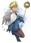  angel_wings bad_id bad_pixiv_id blonde_hair blue_footwear boots breasts breath_of_fire breath_of_fire_iv brooch dress hairband jewelry knee_boots nina_(breath_of_fire_iv) pantyhose short_hair single_earring skirt small_breasts solo sonapo staff very_short_hair white_wings wings 