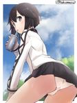  ass black_hair black_skirt blush commentary_request drinking drinking_straw hayasui_(kantai_collection) jacket kantai_collection long_sleeves looking_at_viewer miniskirt panties pantyshot pleated_skirt short_hair silver_eyes skirt solo tokumaro track_jacket twitter_username underwear 