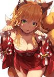  ahoge animal_ears bad_id bad_pixiv_id bare_shoulders bell blonde_hair blush breasts cleavage commentary_request fox_ears fox_tail green_eyes highres hoshii_miki idolmaster idolmaster_(classic) idolmaster_million_live! japanese_clothes jingle_bell kimono long_hair looking_at_viewer medium_breasts multiple_tails narumi_arata paw_pose revision short_kimono simple_background smile solo tail white_background 