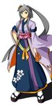  breasts commentary_request floral_print grey_eyes grey_hair hair_ornament hand_on_hip highres japanese_clothes kaga_(zhan_jian_shao_nyu) kimono looking_at_viewer obi ofuda ponytail sash small_breasts smile solo wide_sleeves xian_ting_xinbu zhan_jian_shao_nyu 