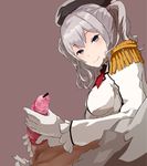  1girl bar_censor breasts censored commentary_request condom condom_on_penis epaulettes gloves grey_eyes grey_hair handjob hetero kantai_collection kashima_(kantai_collection) large_breasts penis solo_focus twintails wavy_hair yamaioni_(sasakama) 