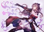  black_legwear breasts brown_hair cleavage detached_collar detached_sleeves dress gloves granblue_fantasy hair_ribbon holding holding_sword holding_weapon long_hair medium_breasts parted_lips pokimari ribbon sheath solo sword thighhighs vira_lilie weapon yellow_eyes 