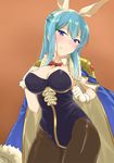  animal_ears blue_eyes blue_hair breasts bunny_ears bunnysuit cape cleavage entitled_2_bass gloves granblue_fantasy highres large_breasts long_hair pantyhose solo therese_(granblue_fantasy) 
