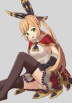  black_gloves cape clarisse_(granblue_fantasy) gloves granblue_fantasy green_eyes hair_ribbon oki7 panties pantyshot ponytail ribbed_sweater ribbon skirt solo sweater thighhighs underwear 