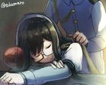  1girl admiral_(kantai_collection) black_hair buttons closed_eyes covering_with_blanket desk faceless faceless_male glasses hair_ornament hairband hetero kantai_collection long_hair military military_uniform naval_uniform on_desk ooyodo_(kantai_collection) out_of_frame pillow school_uniform semi-rimless_eyewear serafuku sleeping tokumaro twitter_username under-rim_eyewear uniform 