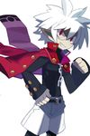  albino black_shirt chain cowboy_shot disgaea glasses grin jacket jacket_on_shoulders makai_senki_disgaea_3 male_focus mao_(disgaea) pointy_ears red_eyes red_jacket round_eyewear shirt shorts smile solo spiked_hair white_background white_hair yuuki_(irodo_rhythm) 