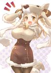  1girl :d animal_hat bell black_legwear blush boots breasts buttons daetta_(granblue_fantasy) draph fang fur_trim gloves granblue_fantasy hat horns large_breasts light_brown_eyes light_brown_hair long_hair monikon13 open_mouth pantyhose pointy_ears smile solo twitter_username unitard v-shaped_eyebrows 