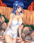  absurdres autumn_leaves bare_arms blue_eyes blue_hair blue_nails blush breasts cleavage collarbone double_bun highres kantai_collection large_breasts looking_at_viewer luna_(gunfire) nail_polish naked_towel night night_sky onsen outdoors rock sky smile solo standing star_(sky) starry_sky steam towel urakaze_(kantai_collection) wading water 