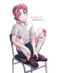  artist_name bandaid bandaid_on_knee bandaid_on_leg bruise chair character_name cherry food fruit full_body grey_eyes injury jinji_(j_ingi) jojo_no_kimyou_na_bouken kakyouin_noriaki male_focus polo_shirt red_hair shorts signature sitting socks solo younger 