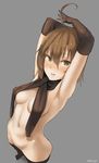  absurdres ahoge andou_natsuki armpits arms_up blush breasts brown_eyes brown_gloves brown_hair brown_legwear elbow_gloves from_above full_body gloves grey_background highres kitakubu_katsudou_kiroku looking_at_viewer looking_up medium_breasts naked_scarf navel noccu nude open_mouth scarf short_hair sketch solo standing thighhighs twitter_username white_background 
