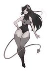  breasts chicapixel covered_navel covered_nipples curvy demon_girl demon_tail hand_on_hip highres horns large_breasts leotard lips long_hair looking_at_viewer monochrome pointy_ears ponytail see-through simple_background sintan sketch solo tail the_sinner_gate thick_thighs thighs white_background wide_hips 