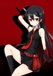  absurdres akame akame_ga_kill! bare_shoulders belt black_gloves black_hair gloves highres huwali_(dnwls3010) long_hair looking_at_viewer necktie red_background red_eyes sitting solo sword vambraces very_long_hair weapon 